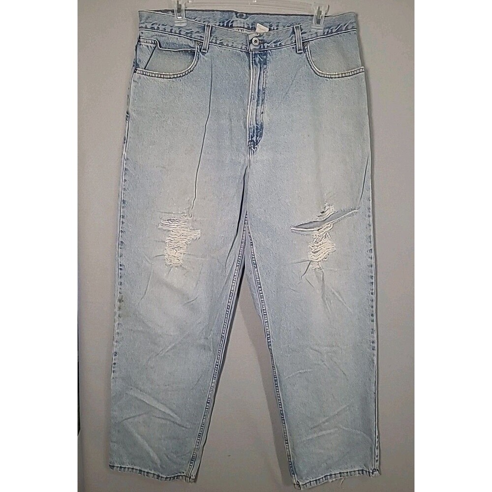VTG Levis 595 Jeans Men 38x34 Blue Baggy Dry Goods Wide Leg Ripped Thrashed